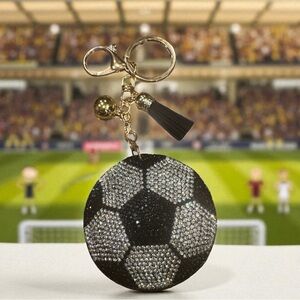 Rhinestone Soccer Ball Bag Charm Keychain – Black & Silver with Tassel Accent